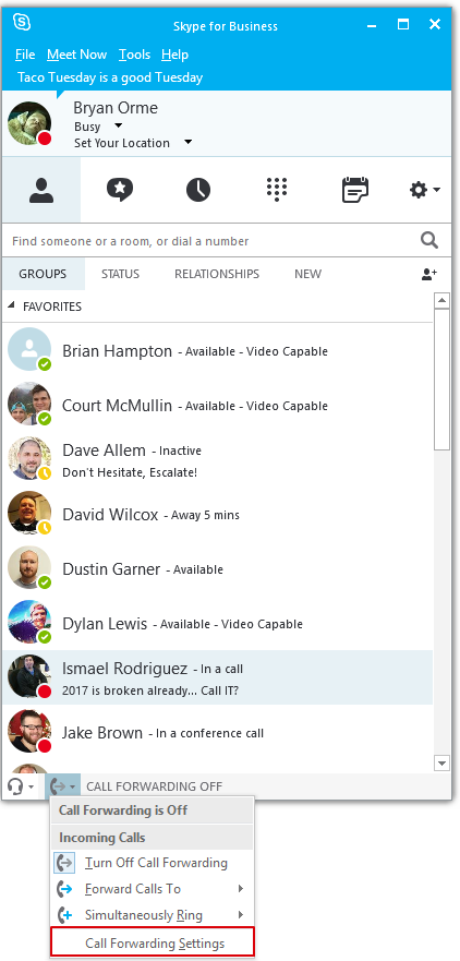 call forwarding in skype for business